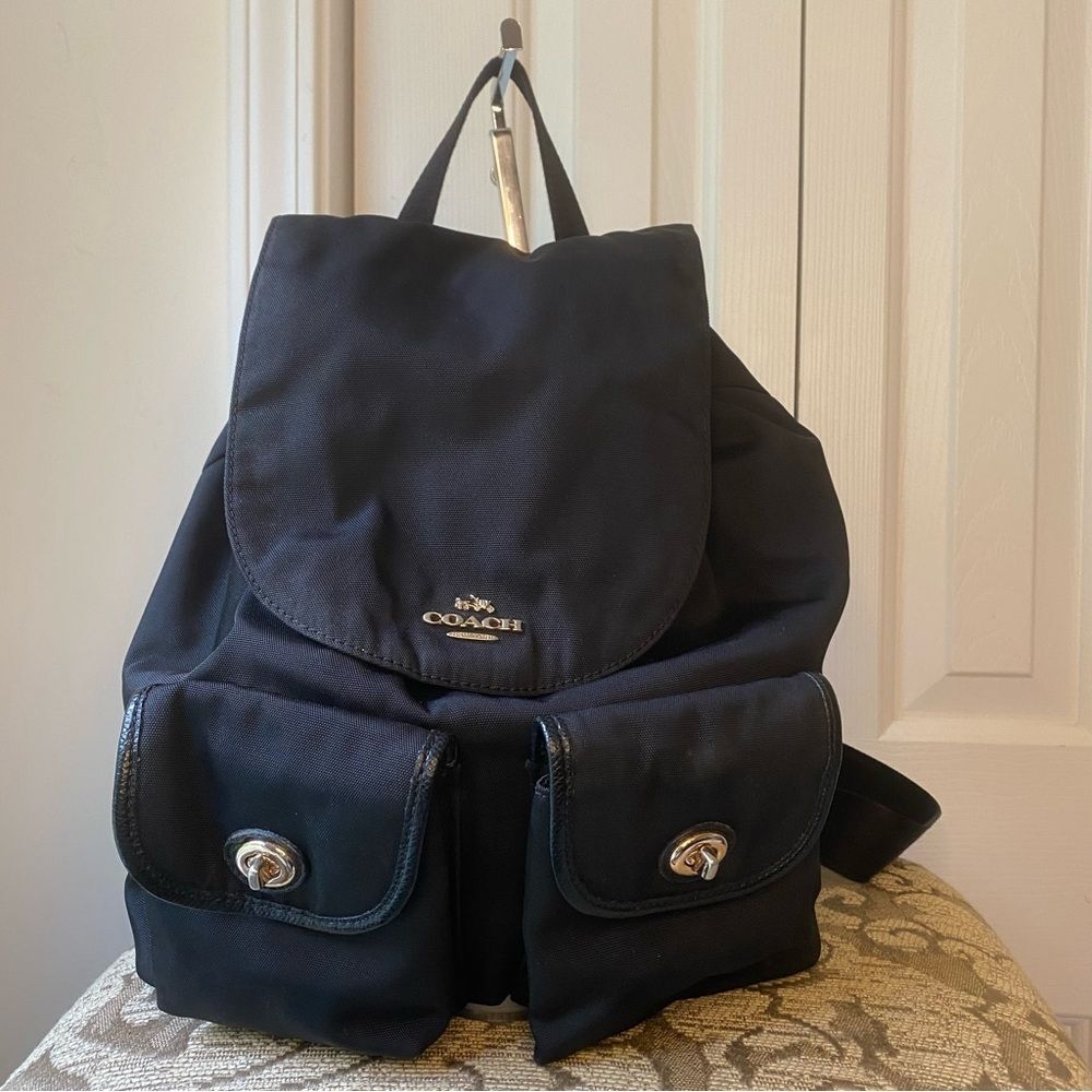 COACH New York  Nylon Backpack Bag Purse Leather Trim Black